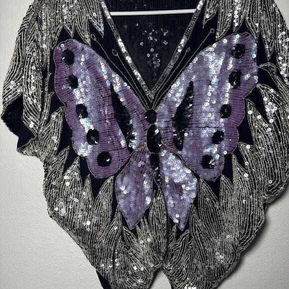 Vintage 70s 80s Silk Silver Black Purple Sequin Butterfly Crop Medium/large - Picture 1 of 8